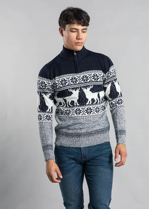 Tokyo Laundry Navy Festive Jacquard Twist Knit 1/4 Zip Jumper - 2XL Image 1