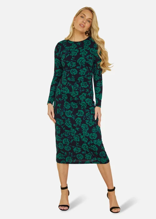 Yumi Green Floral Fitted Mesh Midi Dress With Long Sleeves - 8 Image 1