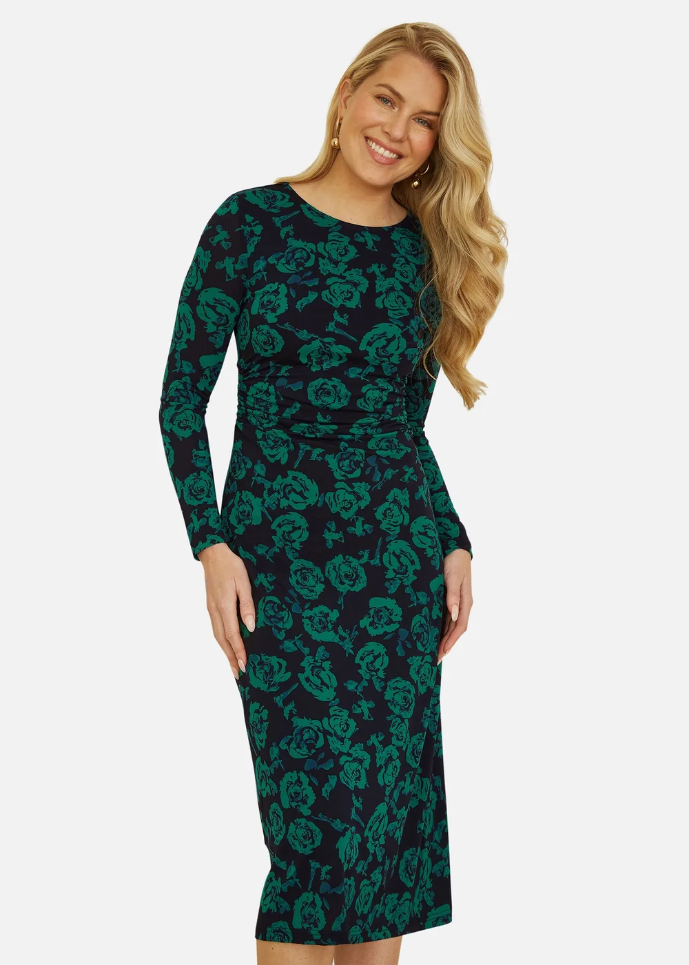 Yumi Green Floral Fitted Mesh Midi Dress With Long Sleeves - 8 Image 2