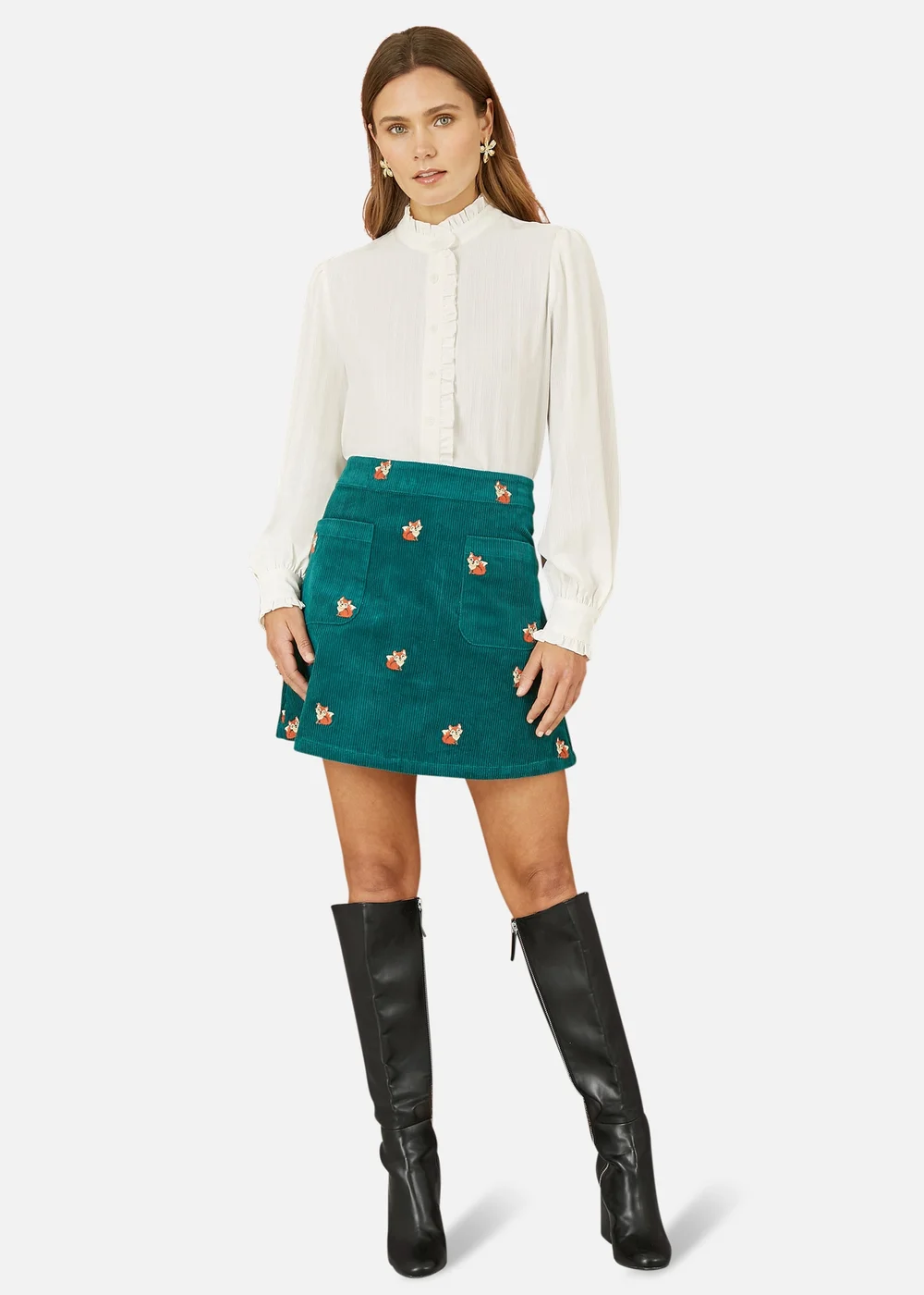 Yumi Teal Fox Embroidered Cord Mini Skirt - Size 8 Image 1