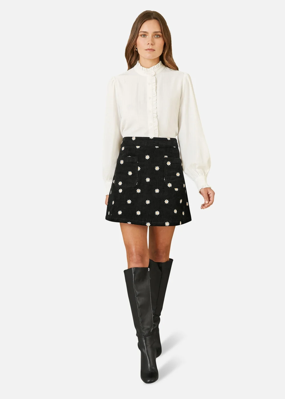 Yumi Black Corduroy Embroidered Daisy Mini Skirt - 8 Image 1