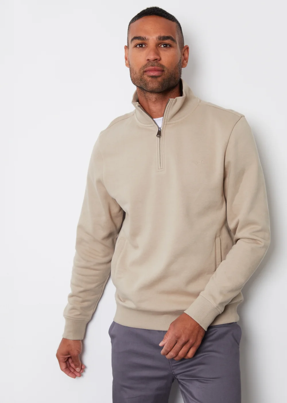 Threadbare Oatmeal 1/4 Zip Neck Sweatshirt - S Image 3