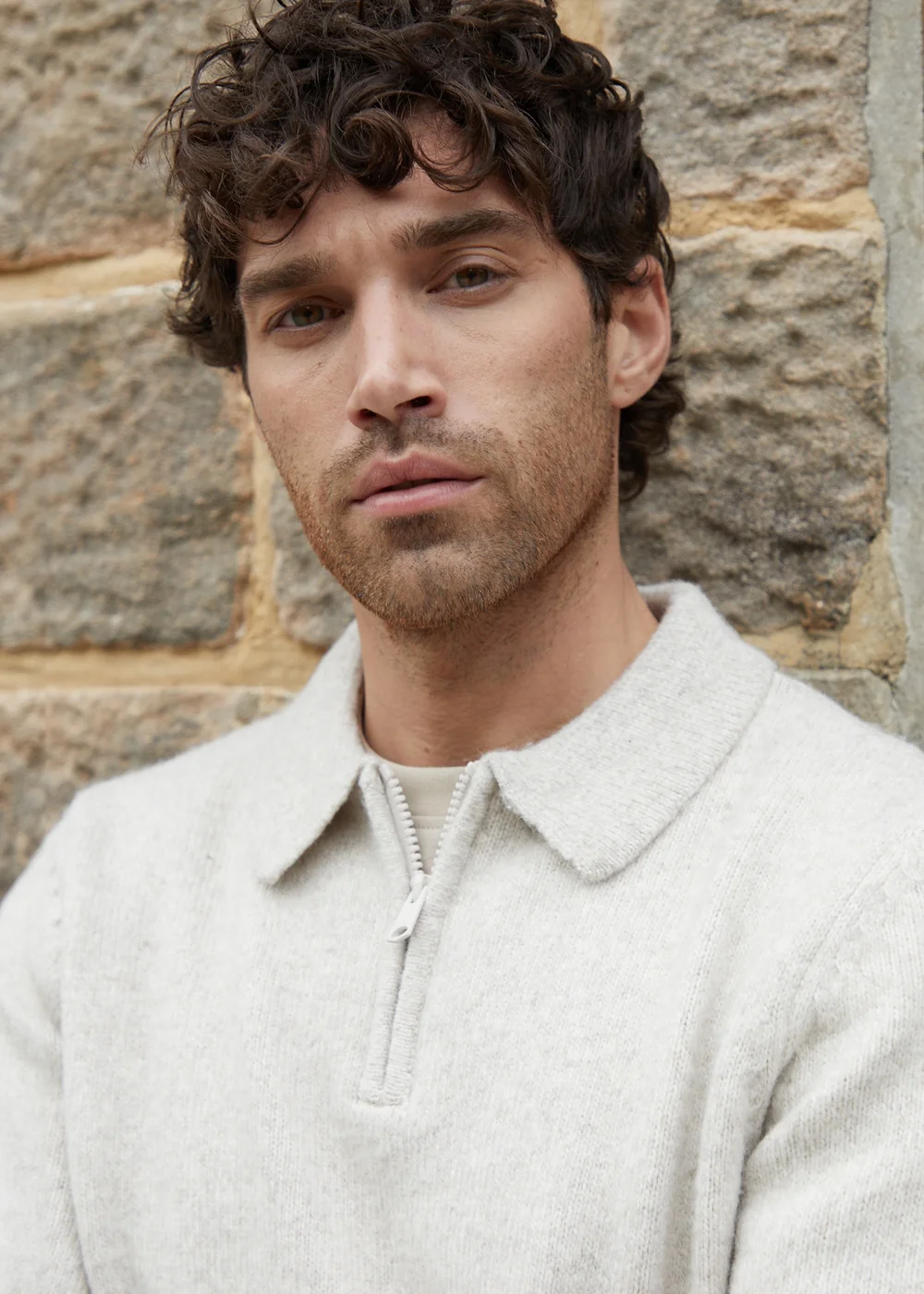 Threadbare Natural Long Sleeve Quarter Zip Polo Jumper - Small Image 3