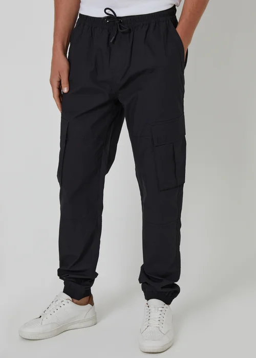 Threadbare Black Slim Fit Cotton Cuffed Cargo Trousers - 2XL Image 1