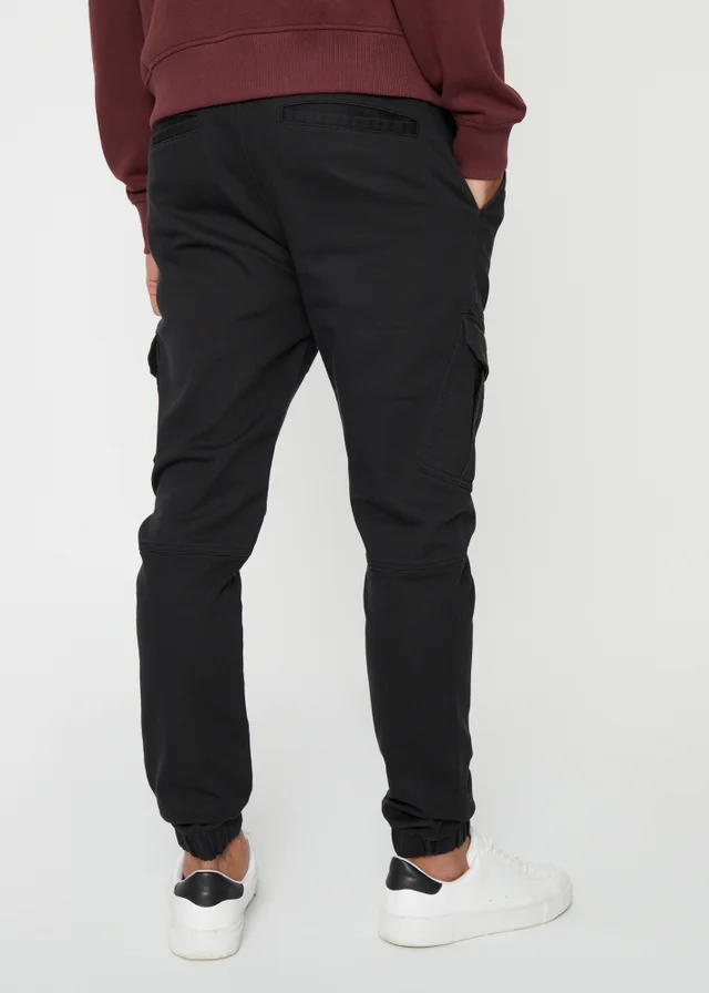 Threadbare Black Cotton Blend Cuffed Cargo Pocket Trousers