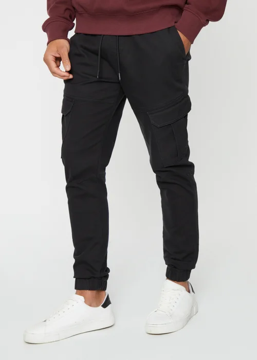 Threadbare Black Cotton Blend Cuffed Cargo Pocket Trousers - M Image 1