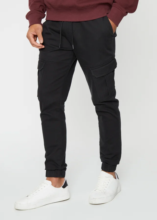 Threadbare Black Cotton Blend Cuffed Cargo Pocket Trousers