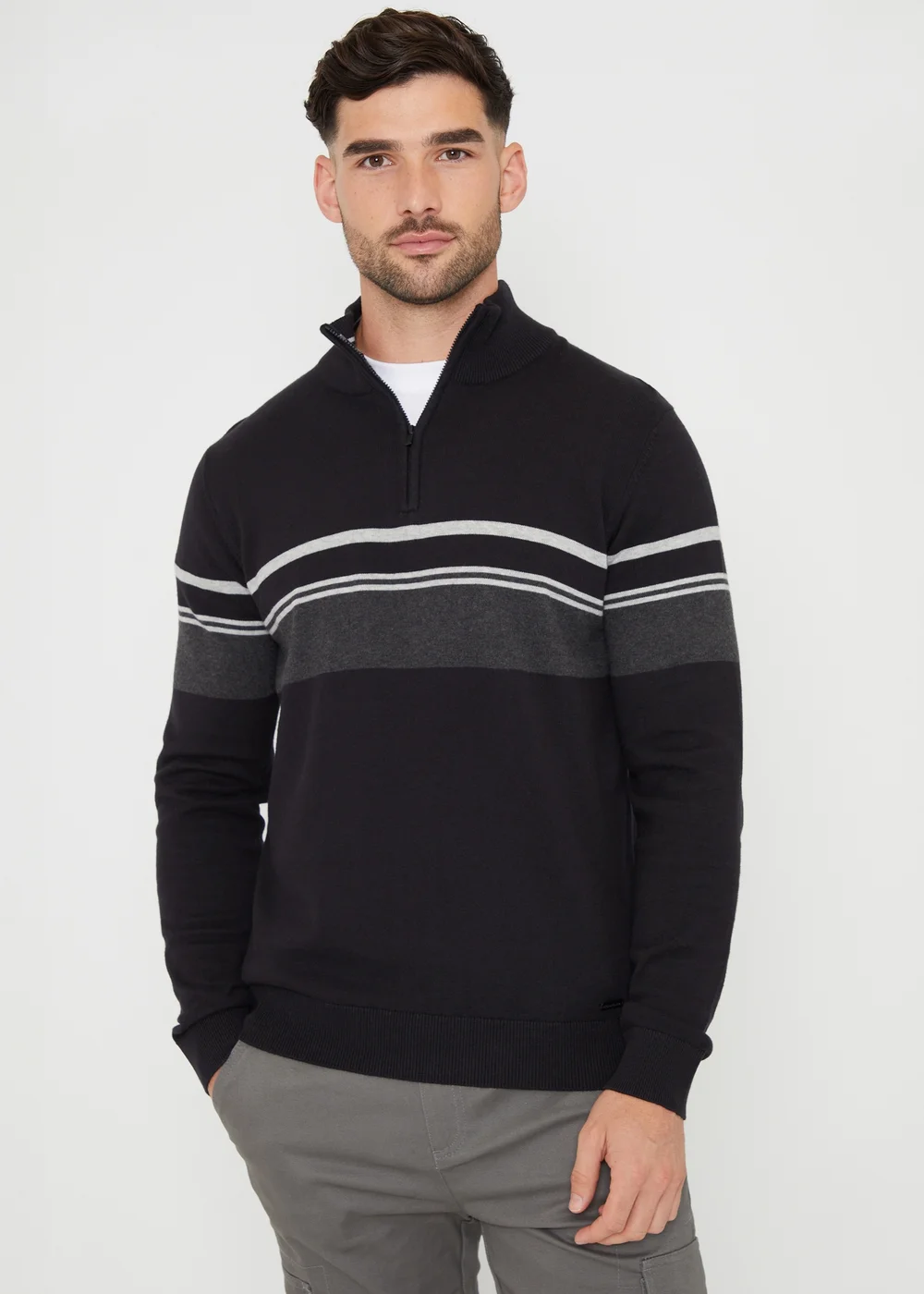 Threadbare Black Colourblock Quarter Zip Knitted Jumper - S Image 1