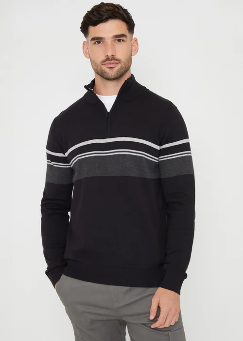 Threadbare Black Colourblock Quarter Zip Knitted Jumper - S Image 1