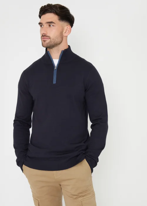 Threadbare Navy Funnel Neck Quarter Zip Knitted Jumper - XXL Image 1