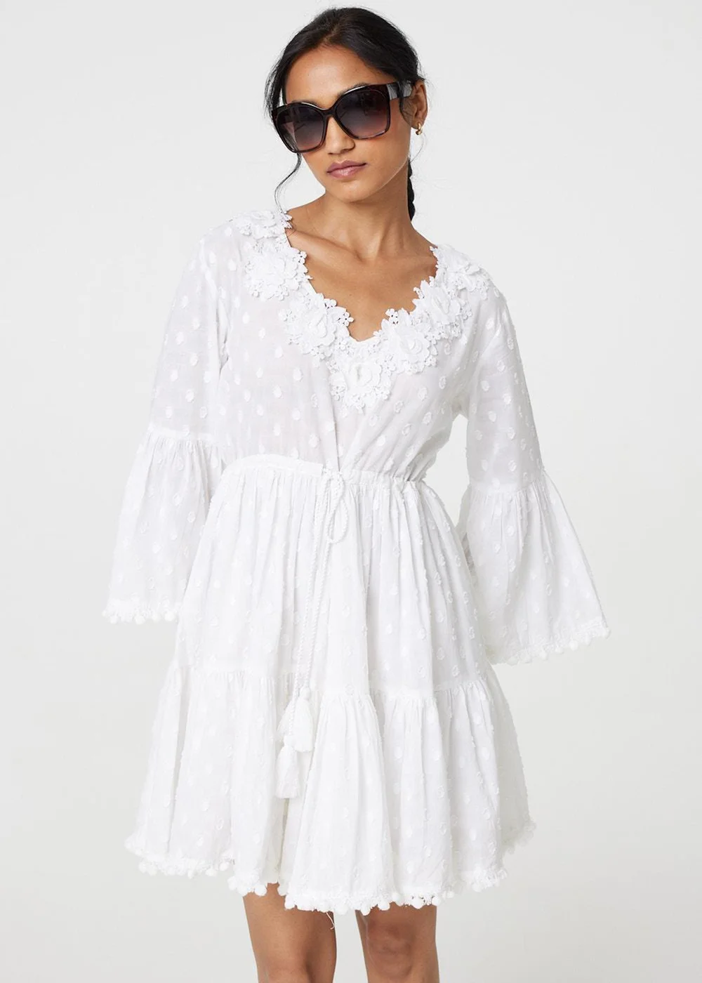 Izabel London White Floral Lace Flare Sleeve Mini Beach Dress - 14 | Matalan Izabel London White Floral Lace Flare Sleeve Mini Beach Dress - 14 | Matalan