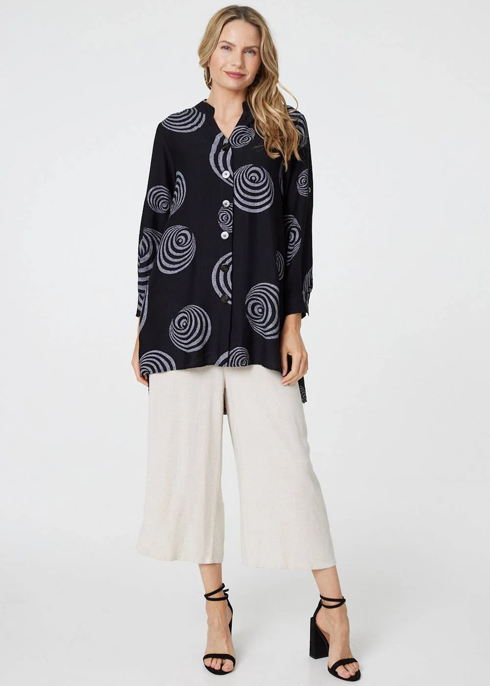 Izabel London Black Geo Print Long Sleeve Relaxed Shirt - 8 Image 1