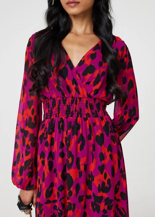 Izabel London Purple Animal Print V-Neck Curve Hem Midi Dress - 8 Image 3