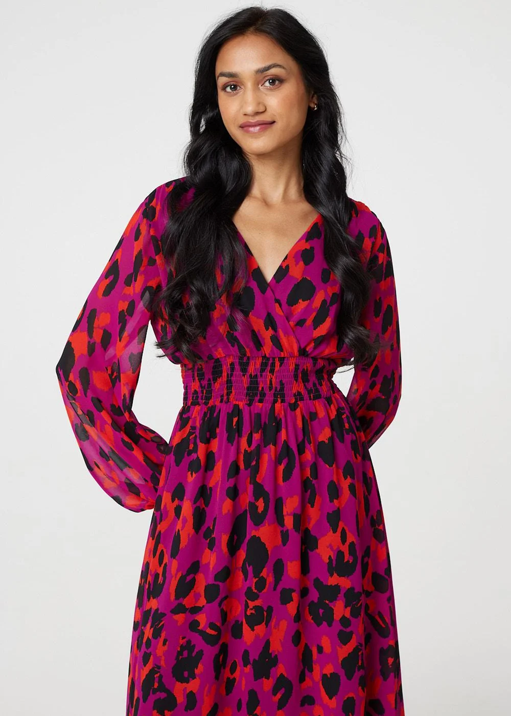 Izabel London Purple Animal Print V-Neck Curve Hem Midi Dress - 8 Image 1