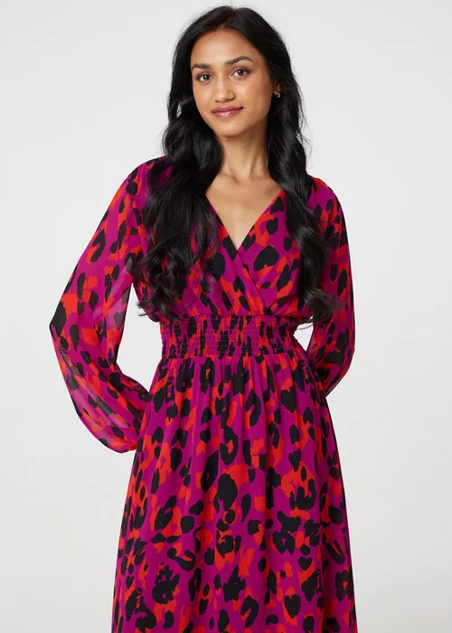 Izabel London Purple Animal Print V-Neck Curve Hem Midi Dress - 8 Image 1