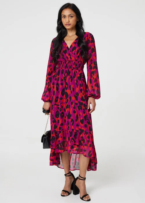 Izabel London Purple Animal Print V-Neck Curve Hem Midi Dress - 8 Image 4