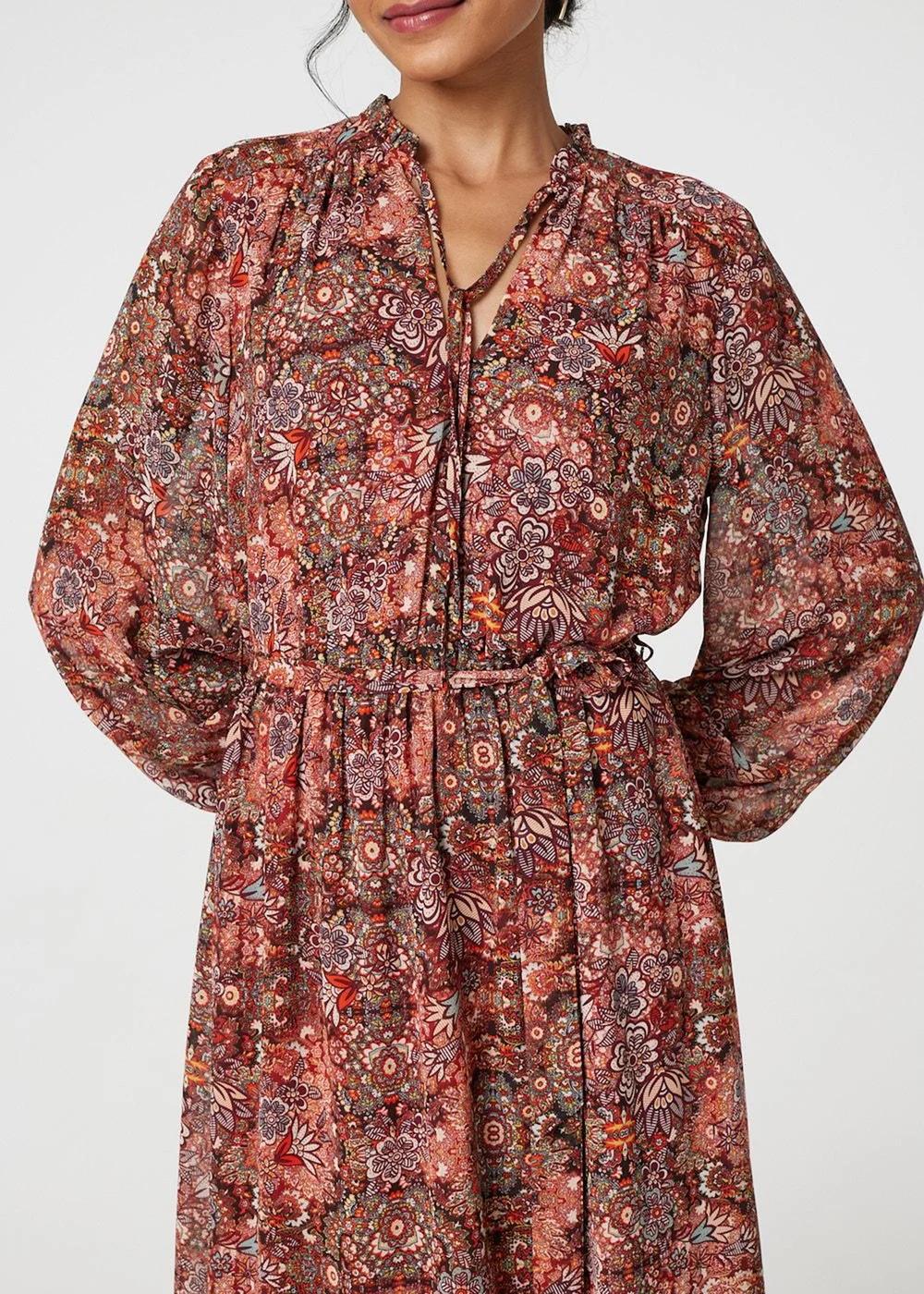 Izabel London Red Floral Paisley Semi Sheer Midi Dress - 8 Image 3