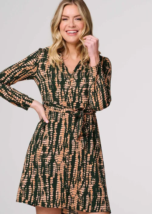 Izabel London Green Printed Long Sleeve Tie Waist Mini Dress - 8 Image 4