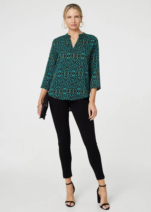 Izabel London Green Aztec Print Curve Hem Blouse - 8 Image 1