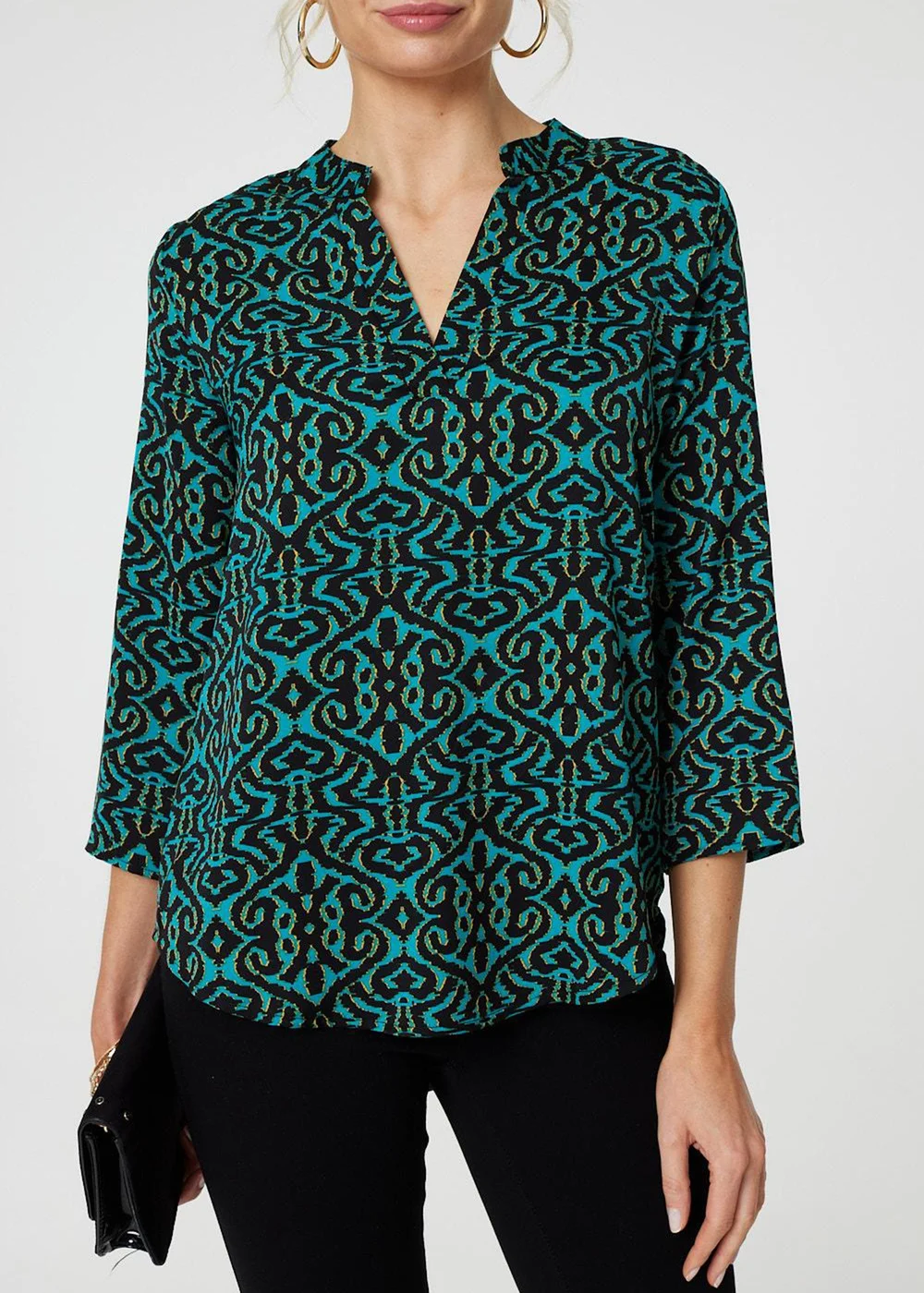 Izabel London Green Aztec Print Curve Hem Blouse - 8 Image 2