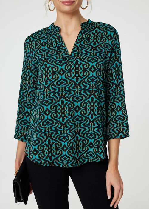 Izabel London Green Aztec Print Curve Hem Blouse - 8 Image 2