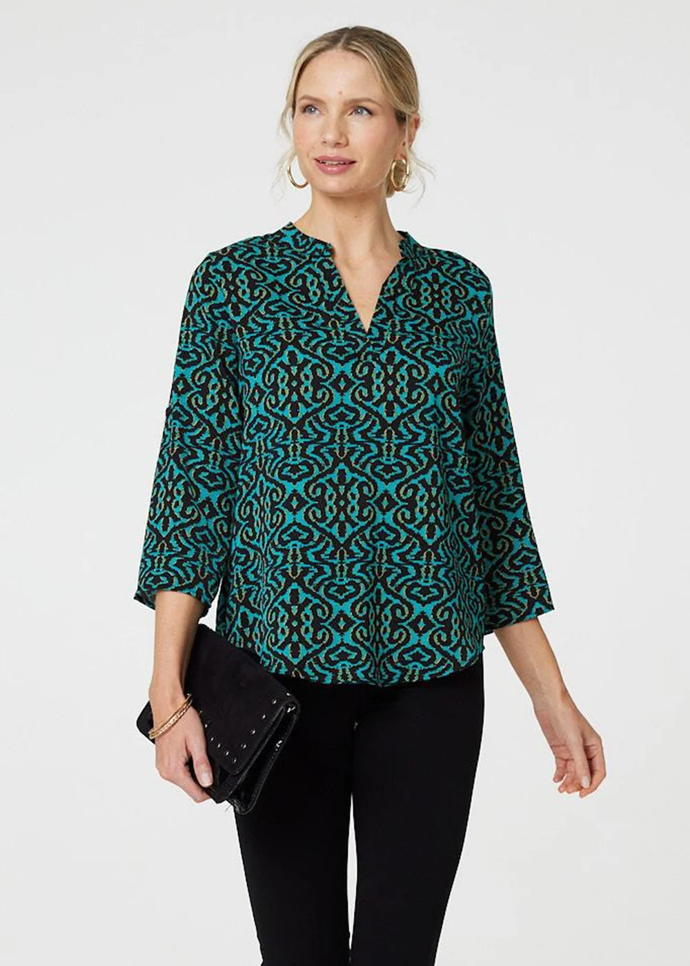 Izabel London Green Aztec Print Curve Hem Blouse - 8 Image 4