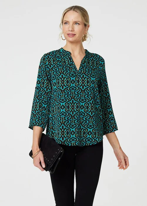 Izabel London Green Aztec Print Curve Hem Blouse - 8 Image 4