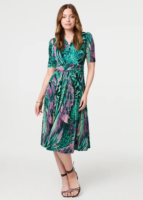 Izabel London Green Feather Print Wrap Midi Dress - 8 Image 1