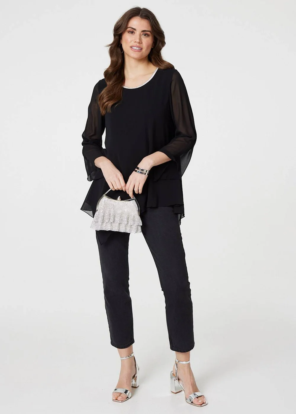 Izabel London Black Contrast Stitch Semi Sheer Hanky Hem Top - 8 Image 1
