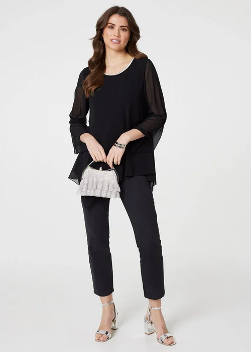 Izabel London Black Contrast Stitch Semi Sheer Hanky Hem Top - 8 Image 1