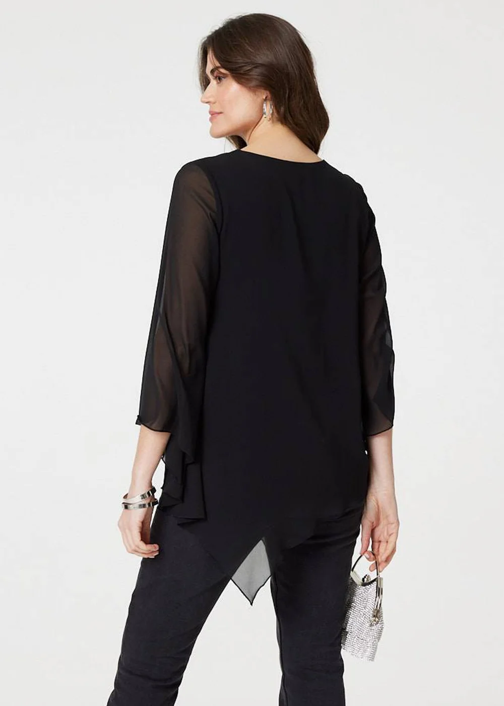 Izabel London Black Contrast Stitch Semi Sheer Hanky Hem Top - 8 Image 3