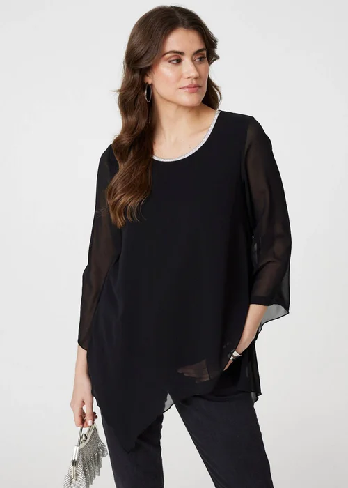 Izabel London Black Contrast Stitch Semi Sheer Hanky Hem Top - 8 Image 4