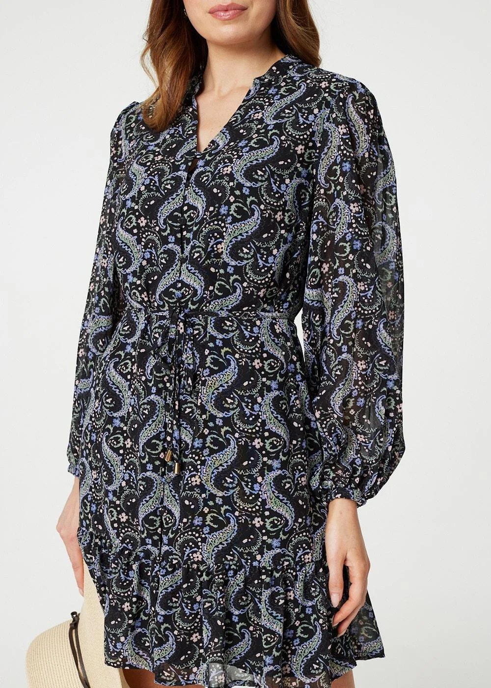 Izabel London Black Paisley V-Neck Long Sleeve Mini Dress - 8 Image 2