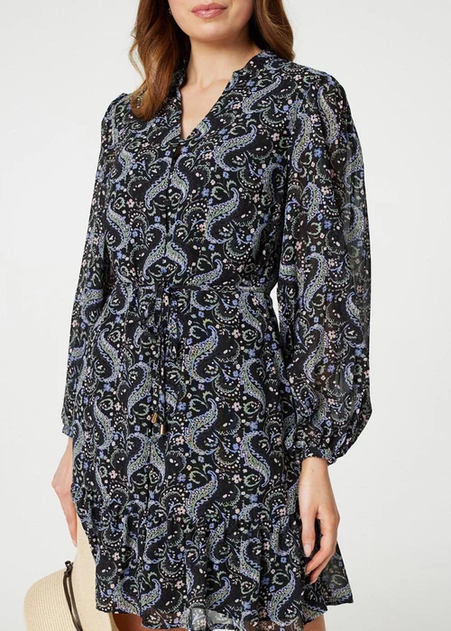 Izabel London Black Paisley V-Neck Long Sleeve Mini Dress - 8 Image 2