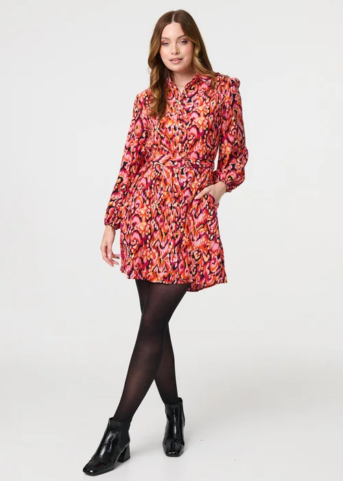 Izabel London Pink Abstract Print Belt Detail Shirt Dress - 8 Image 1