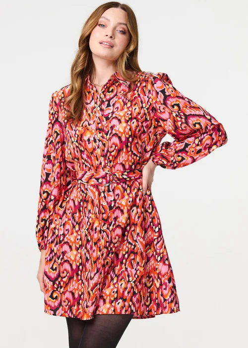 Izabel London Pink Abstract Print Belt Detail Shirt Dress - 8 Image 4