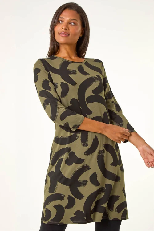 Roman Khaki Brushstroke A-Line Stretch Dress - 10 Image 2