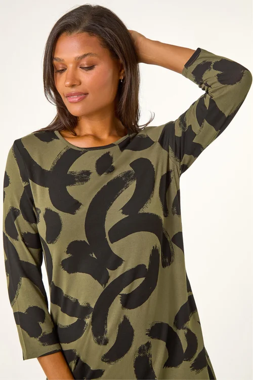 Roman Khaki Brushstroke A-Line Stretch Dress - 10 Image 4
