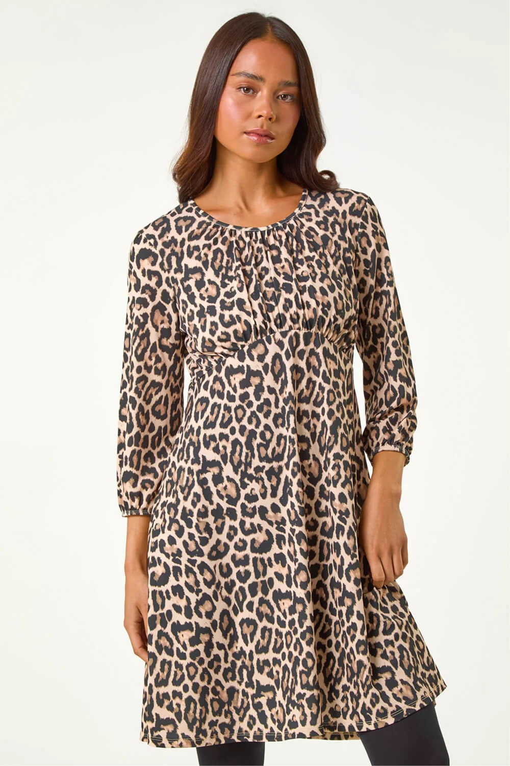 Roman Camel Petite Animal Print Gathered Waist Dress - 18 Image 3