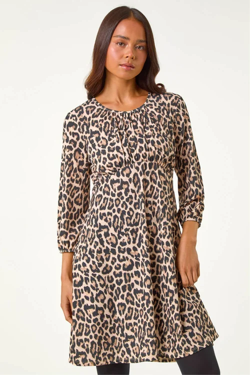 Roman Camel Petite Animal Print Gathered Waist Dress - 18 Image 3