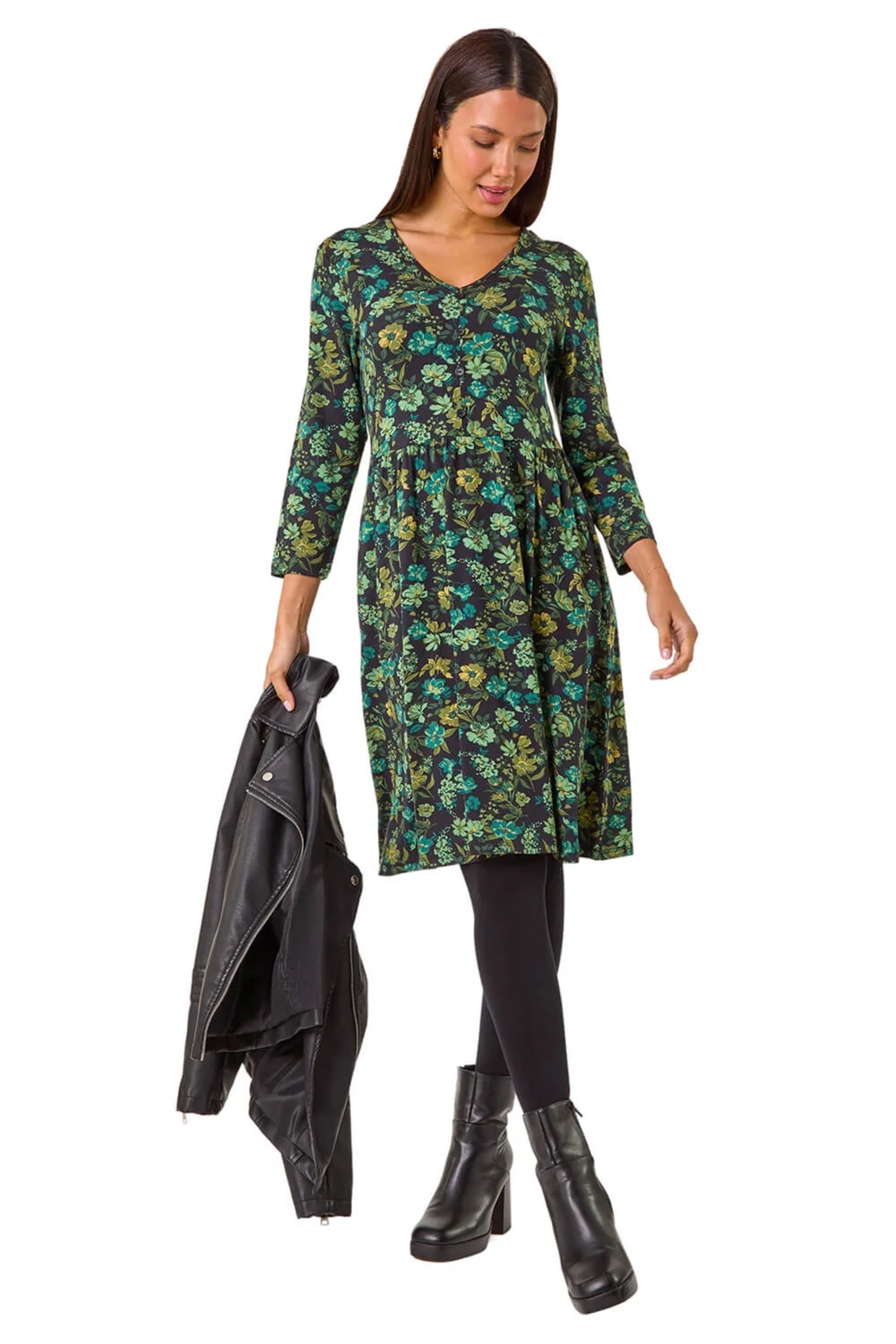 Roman Green Floral Print Button Detail V-Neck Dress - 22 Image 2