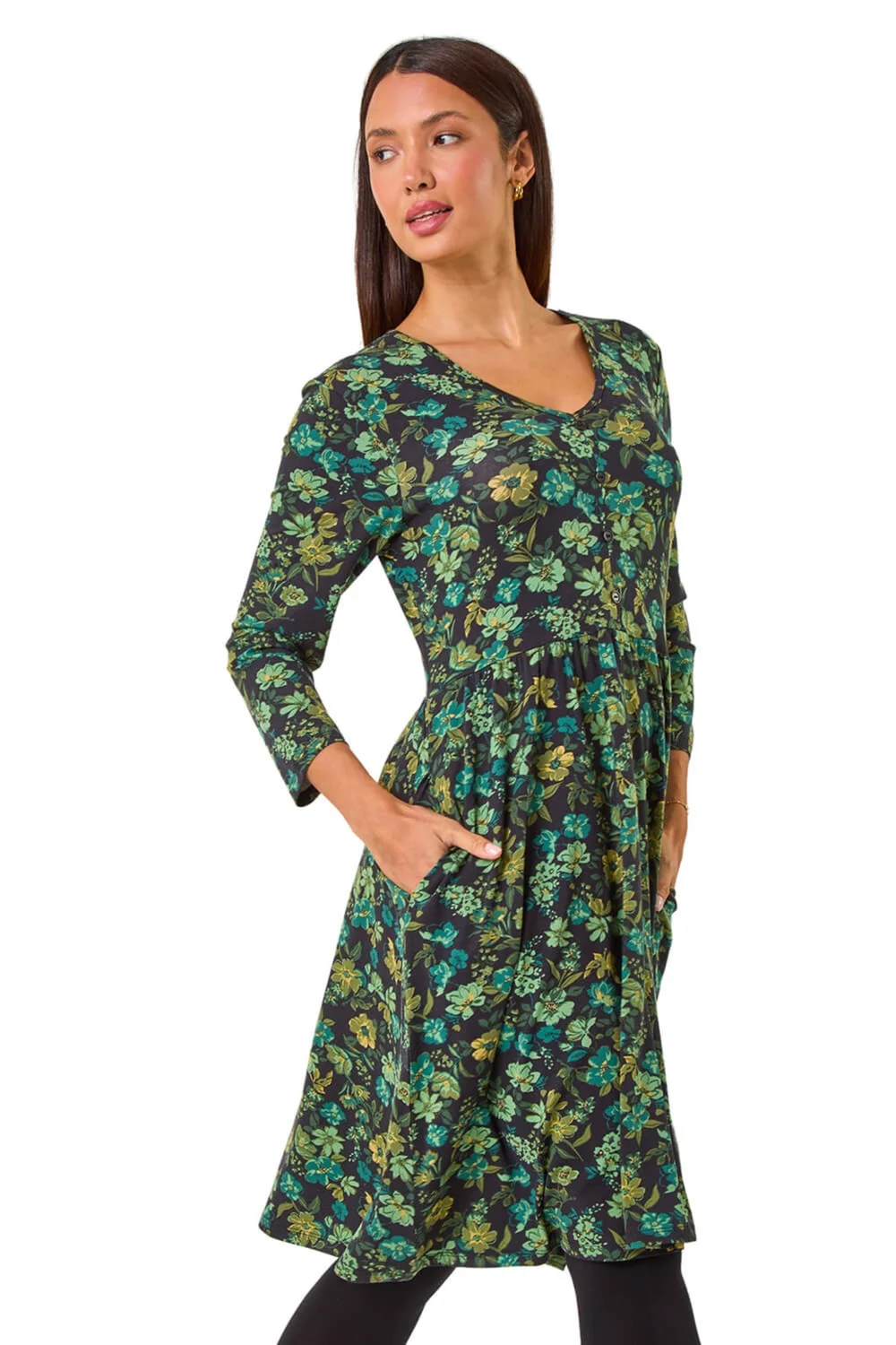 Roman Green Floral Print Button Detail V-Neck Dress - 22 Image 1