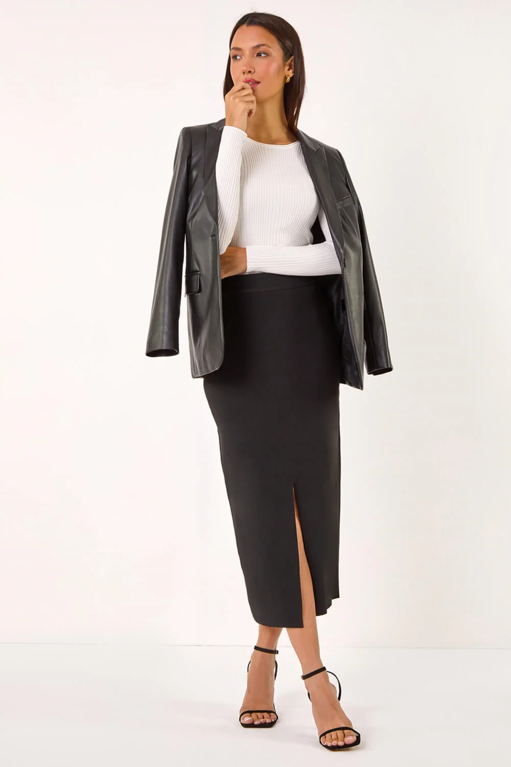 Roman Black Front Split Knitted Midi Skirt - Size 10 Image 3