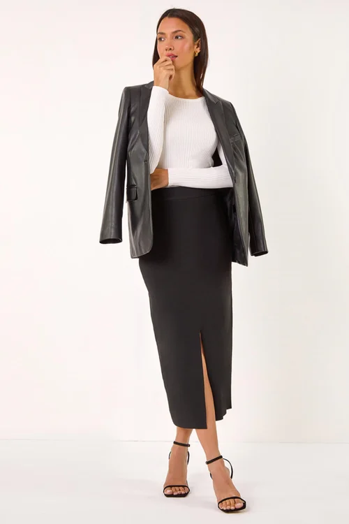 Roman Black Front Split Knitted Midi Skirt - Size 10 Image 3