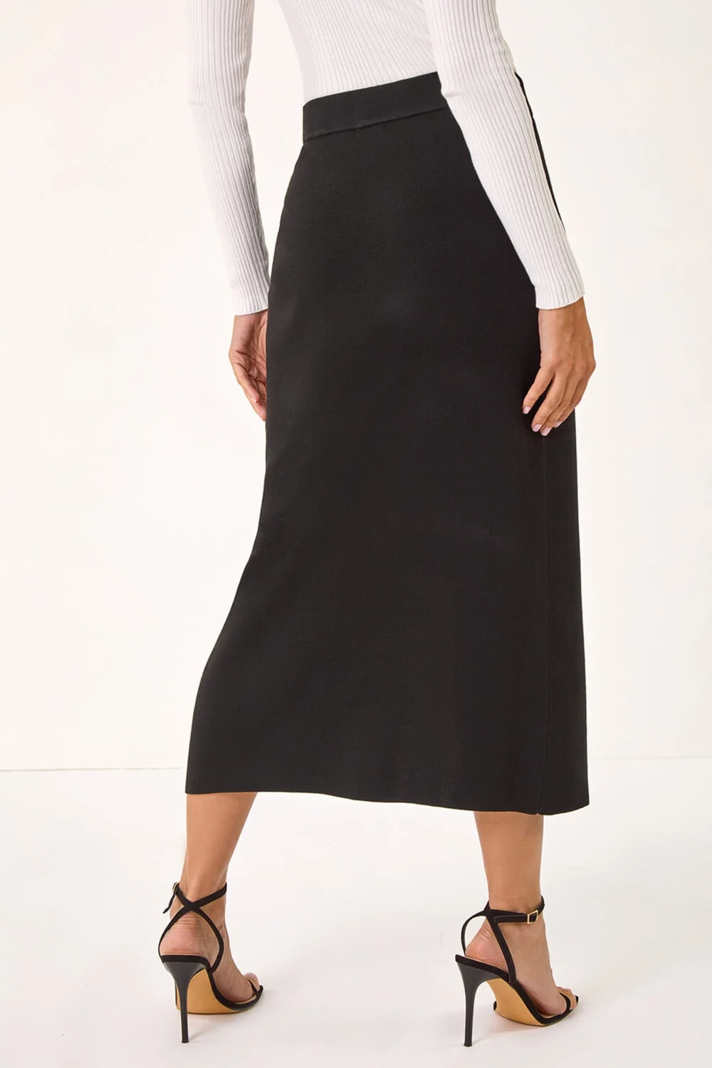 Roman Black Front Split Knitted Midi Skirt - Size 10 Image 4