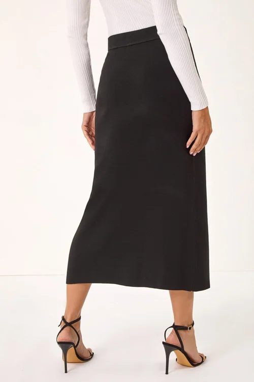 Roman Black Front Split Knitted Midi Skirt - Size 10 Image 4