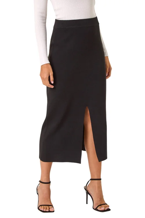 Roman Black Front Split Knitted Midi Skirt - Size 10 Image 1