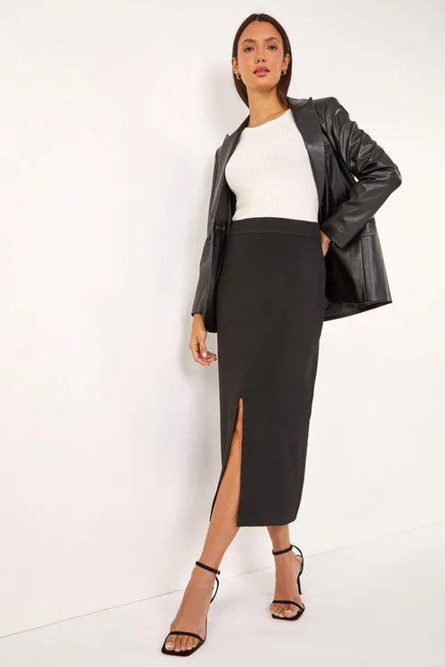 Roman Black Front Split Knitted Midi Skirt - Size 10 Image 2