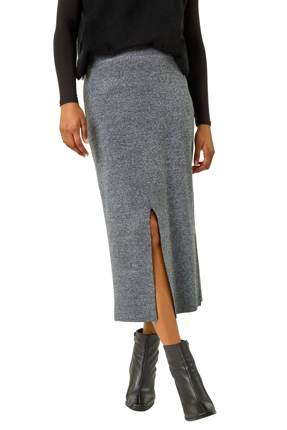 Roman Grey Front Split Knitted Midi Skirt - Size 10 Image 1