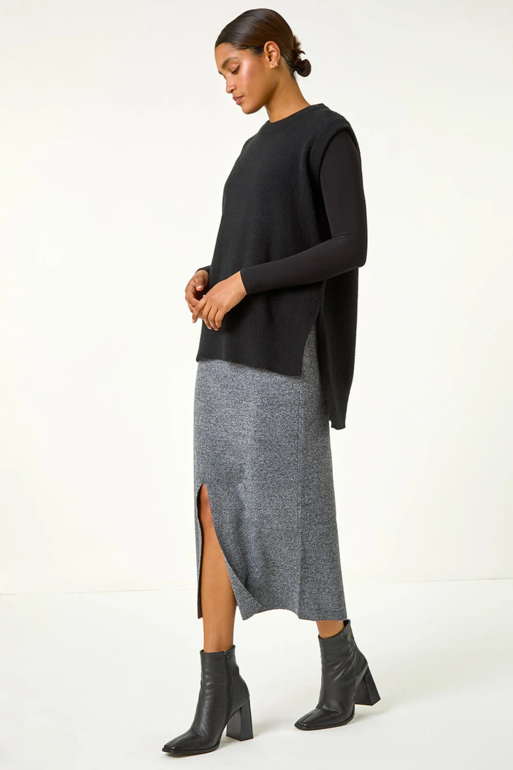 Roman Grey Front Split Knitted Midi Skirt - Size 10 Image 3